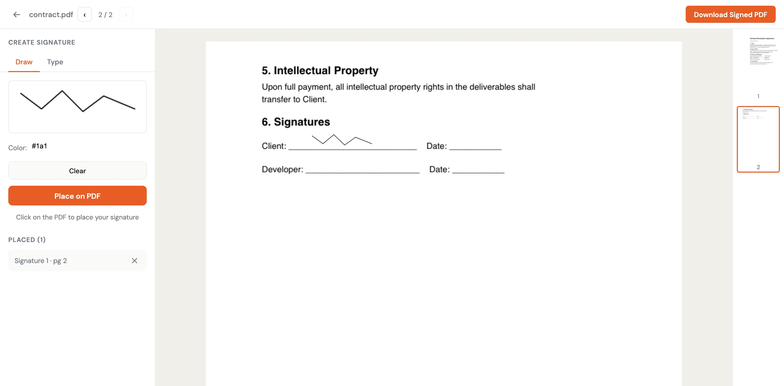 Placing a signature on a document
